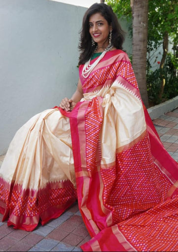 Pochampally-Ikkat-Silk-Cream-Orange-Sari-Weavesarees.com